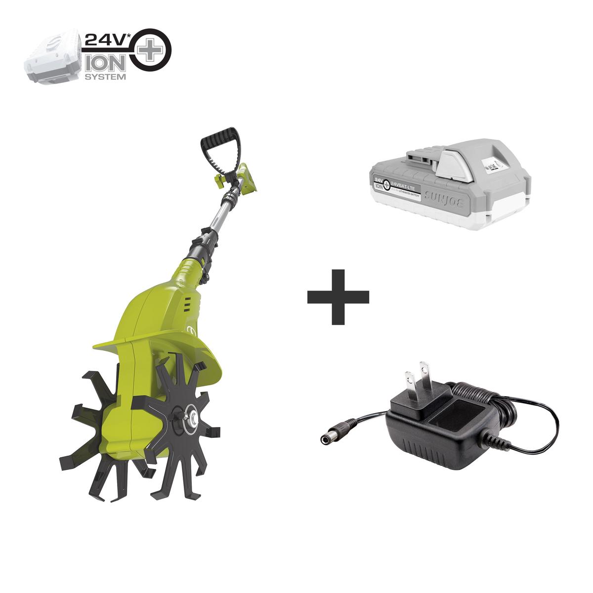 Sun Joe 24V-TLR-LTE 24-Volt iON+ Cordless Garden Tiller + Cultivator Kit | W/ 2.0-Ah Battery and Charger